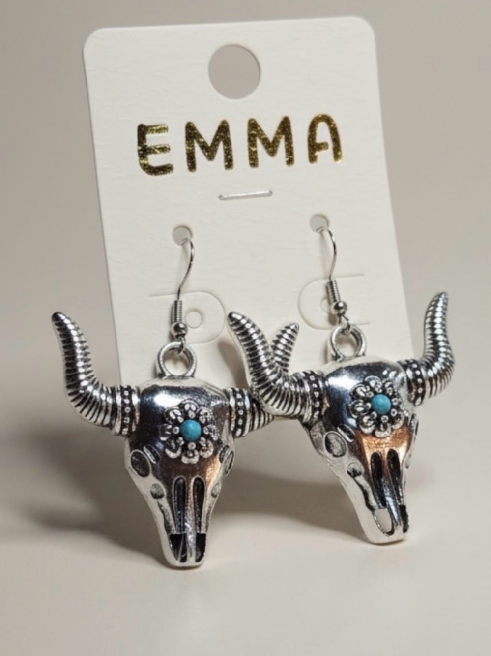 EMMA Silver Bull Skull Dangle Earrings with Turquoise Accent NWT
